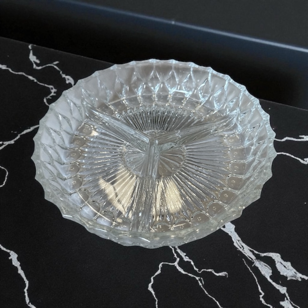 Vintage Indiana Glass Clear 3 Part Divided Relish Dish 7”